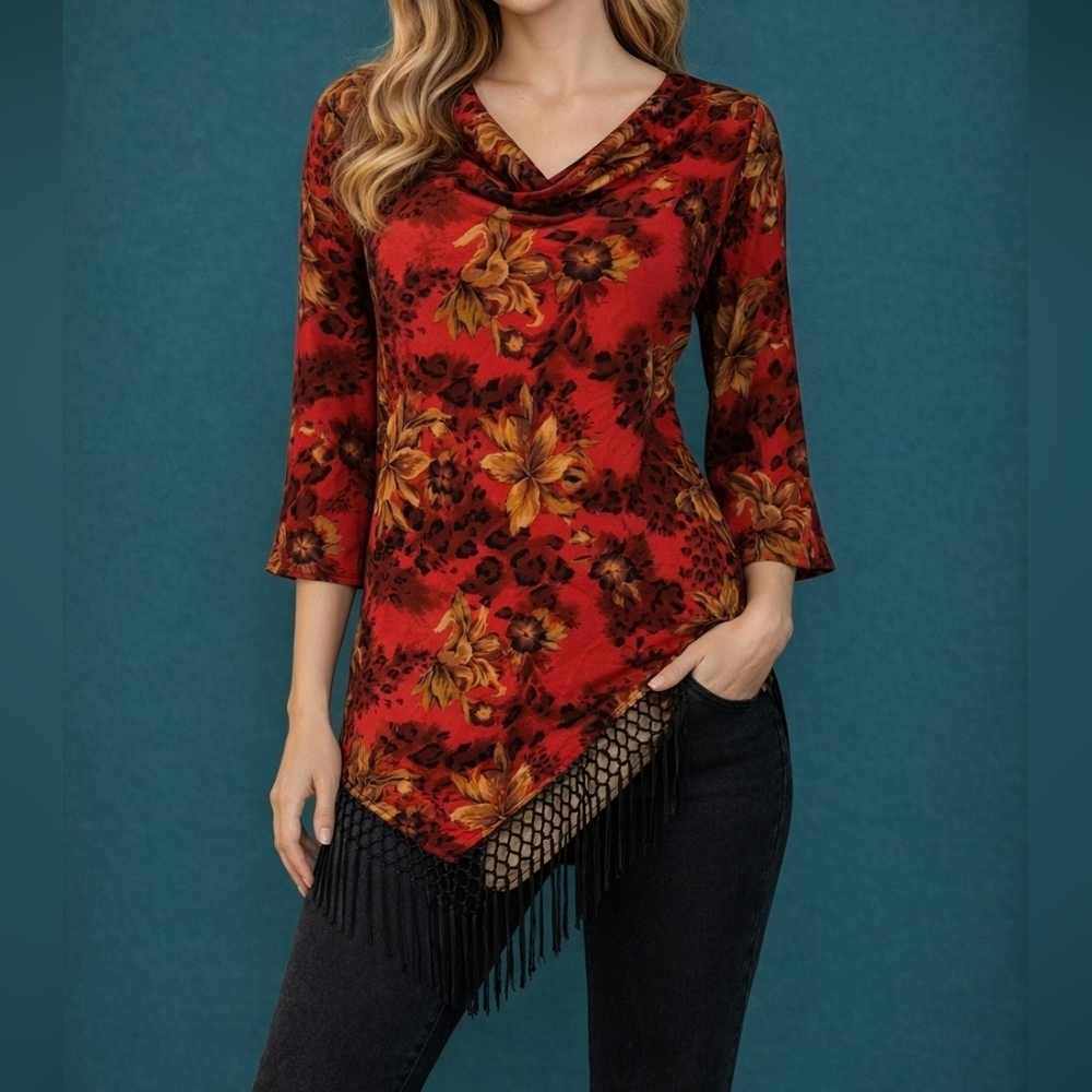 Vtg MAGGIE SWEET 1990s Red Floral Leopard Print Assymetric Fringe Cowl Tunic